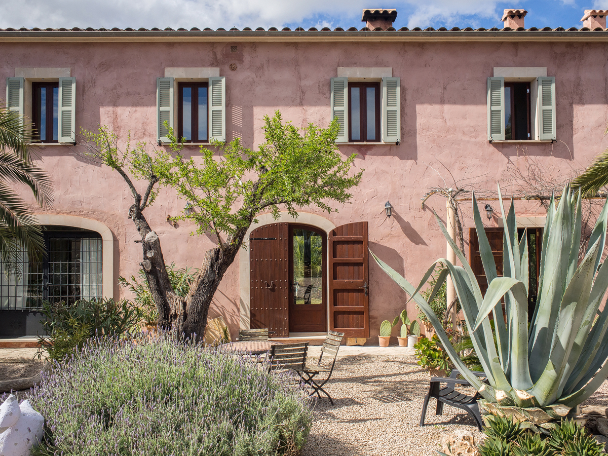 A weathered stone door under a low arch in the pink wall of the finca, with a flowering almond tree, lavender and a large agave in the foreground